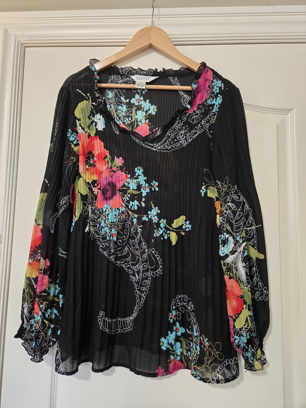 Allison Taylor Black Floral Pintuck Long-Sleeve Semi Sheer Blouse